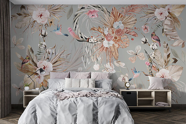 Papier peint avec des fleurs et des plumes Papier peint Papier peint avec des fleurs et des plumes