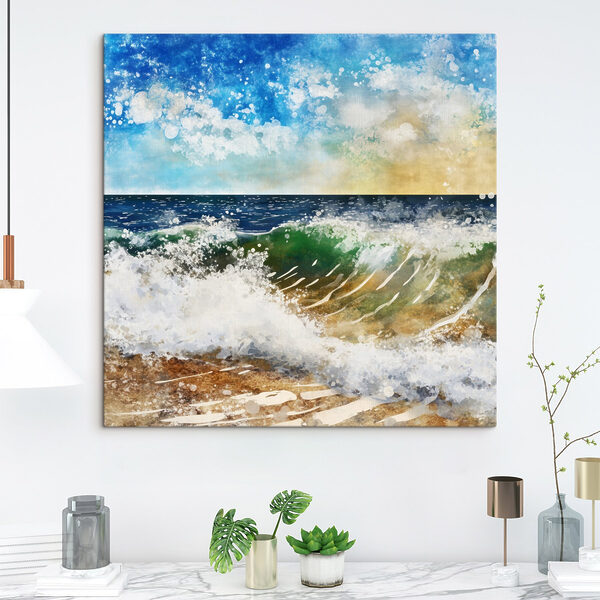 Aquarelle de vagues s'écrasant sur une plage Tableaux Aquarelle de vagues s'écrasant sur une plage