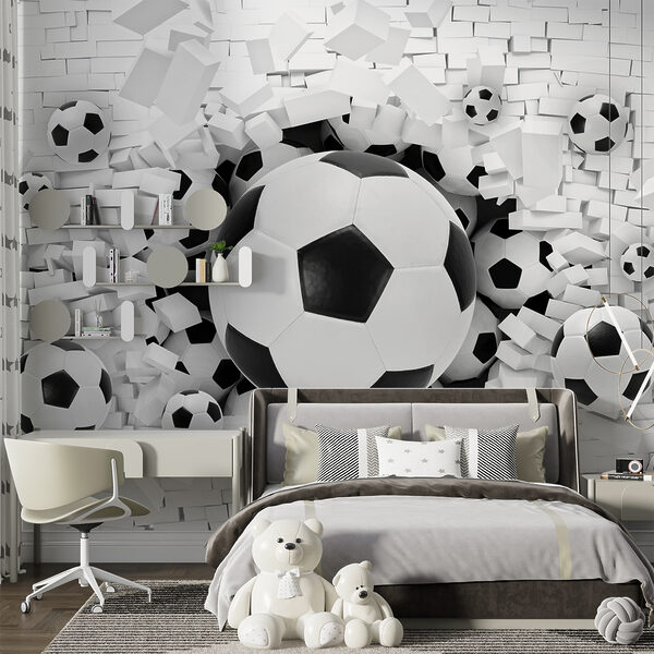 Papier peint Des ballons de football traversent le mur (UGS : u70633) Papier peint Papier peint Des ballons de football traversent le mur (UGS : u70633)