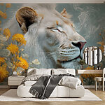 Papier peint Lion avec fleurs et fumée