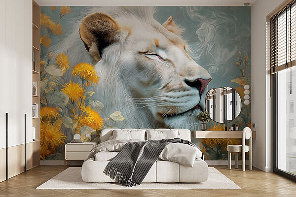 Lion avec fleurs et fumée Papier peint Lion avec fleurs et fumée