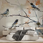 Papier peint Aquarelle d'oiseaux sur une branche d'arbre