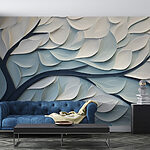 Papier peint Arbre blanc et bleu avec des feuilles