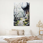 Tableaux Peinture d'un bâtiment avec un arbre et des fleurs