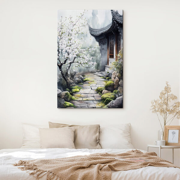 Peinture d'un bâtiment avec un arbre et des fleurs Tableaux Peinture d'un bâtiment avec un arbre et des fleurs