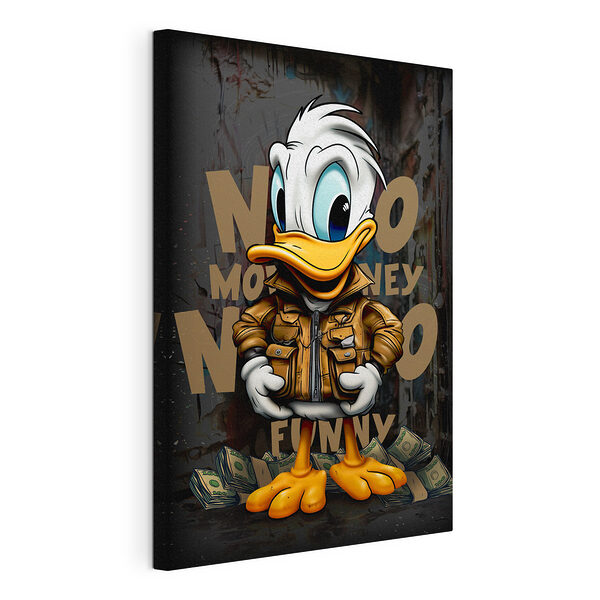 Canard de dessin animé portant une veste et tenant un paquet d'argent Tableaux Canard de dessin animé portant une veste et tenant un paquet d'argent