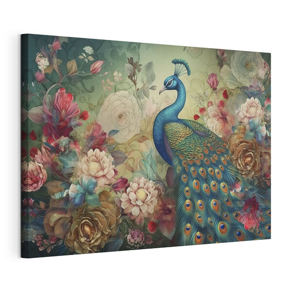 Tableaux Paon élégant parmi des fleurs éclatantes