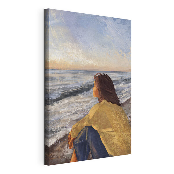 Femme assise sur une plage regardant l'océan Tableaux Femme assise sur une plage regardant l'océan