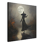 Tableaux Femme vêtue d'un vêtement d'homme marchant sur un sentier à la pleine lune