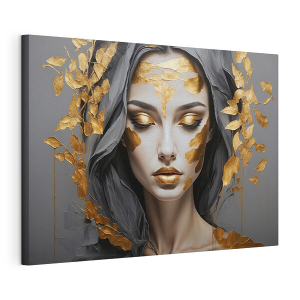 Des feuilles dorées encadrent un visage serein Tableaux Des feuilles dorées encadrent un visage serein