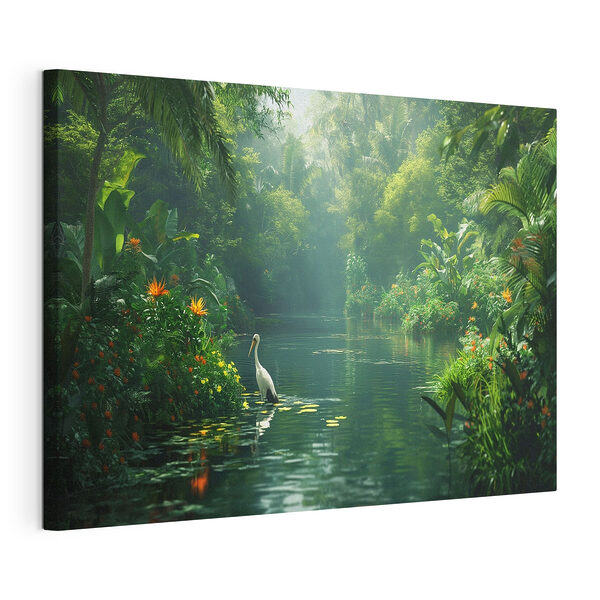 Tableaux Rivière sereine dans la jungle avec un héron