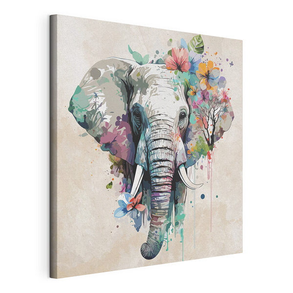 Éléphant entouré de fleurs colorées Tableaux Éléphant entouré de fleurs colorées