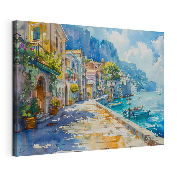 Village de bord de mer avec des bateaux et du soleil Tableaux Village de bord de mer avec des bateaux et du soleil
