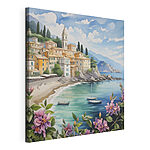 Tableaux Peinture d'une ville sur une plage avec des bateaux et des fleurs