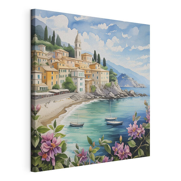 Tableaux Tableaux Peinture d'une ville sur une plage avec des bateaux et des fleurs (UGS : s39299)