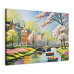 Tableaux Peinture d'une rivière avec des bateaux, un pont et des arbres