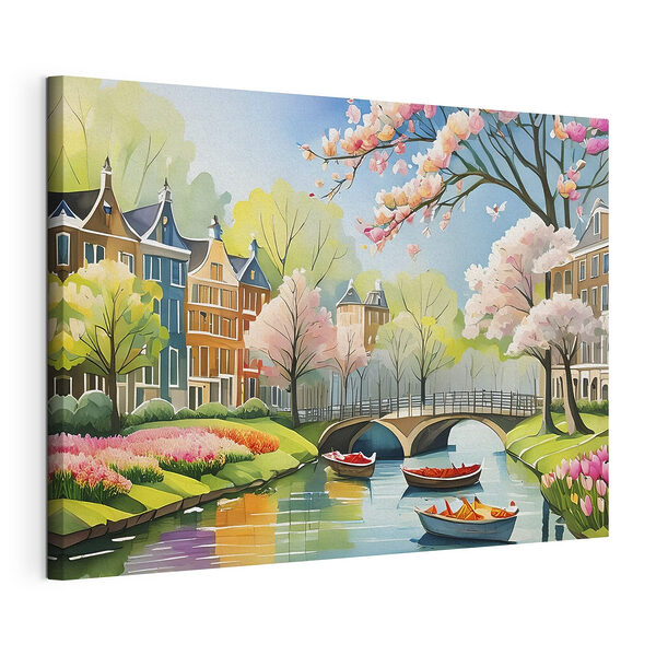 Tableaux Tableaux Peinture d'une rivière avec des bateaux, un pont et des arbres (UGS : s39301)