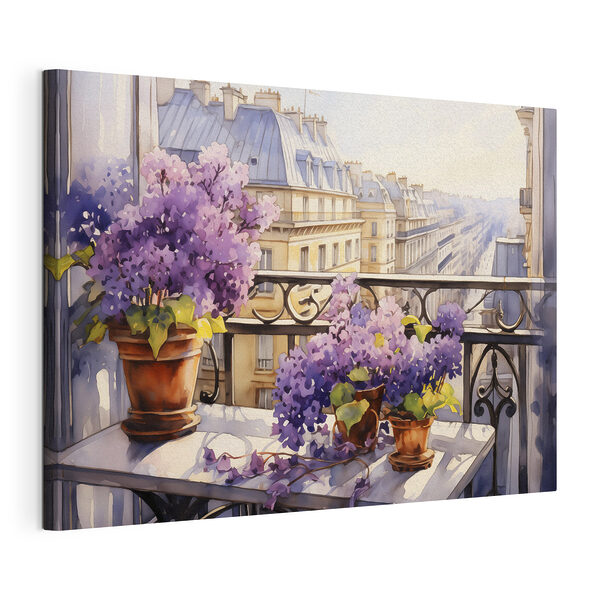 Tableaux Aquarelle d'un balcon avec des fleurs violettes