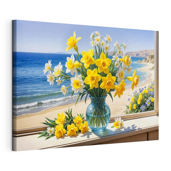 Tableaux Vase de fleurs jaunes et blanches sur le rebord d'une fenêtre