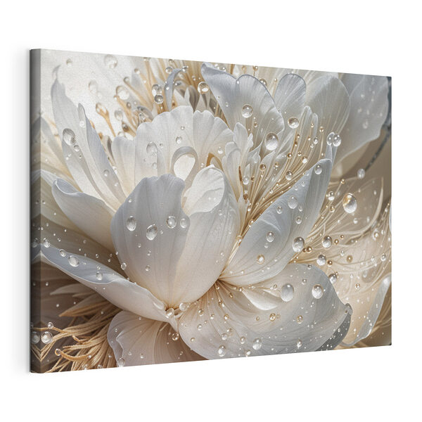 Tableaux Des gouttes de rosée sur des pétales d'un blanc immaculé