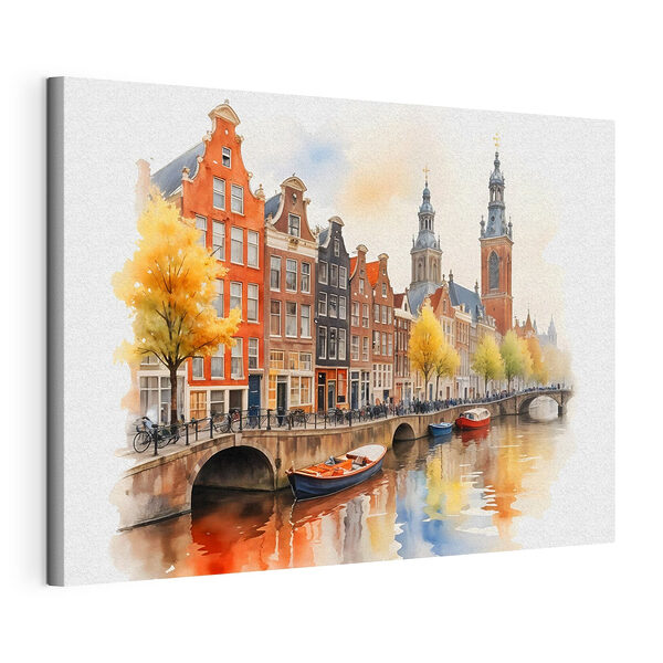 Aquarelle d'un canal avec des bateaux et des bâtiments Tableaux Aquarelle d'un canal avec des bateaux et des bâtiments