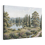 Tableaux Lac avec des arbres, de l'herbe et des fleurs
