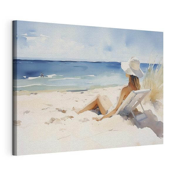 Femme assise sur une chaise sur une plage Tableaux Femme assise sur une chaise sur une plage