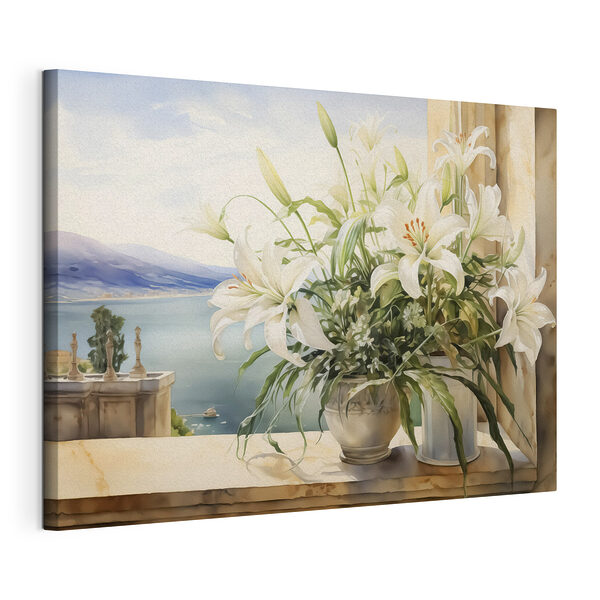 Tableaux Peinture d'un pot de fleurs blanc avec des fleurs blanches