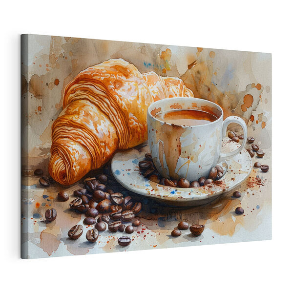 Tableaux Aquarelle d'une tasse de café et d'un croissant