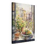Tableaux Peinture à l'aquarelle d'une table avec de la nourriture et des fleurs devant une fenêtre