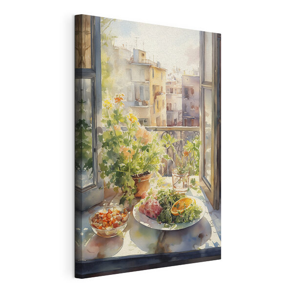 Peinture à l'aquarelle d'une table avec de la nourriture et des fleurs devant une fenêtre Tableaux Peinture à l'aquarelle d'une table avec de la nourriture et des fleurs devant une fenêtre
