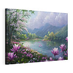 Tableaux Rivière avec fleurs et montagnes en arrière-plan