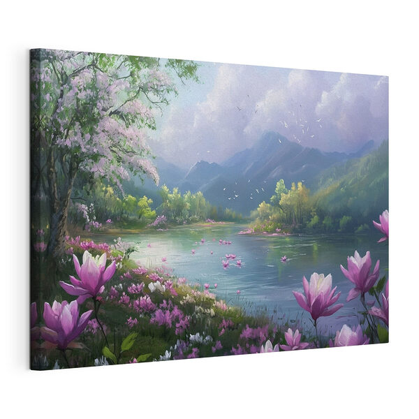 Tableaux Rivière avec fleurs et montagnes en arrière-plan