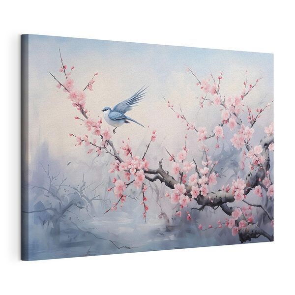 Oiseau sur une branche avec des fleurs roses Tableaux Oiseau sur une branche avec des fleurs roses