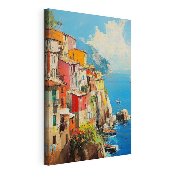 Peinture d'une ville colorée sur une falaise au bord de l'eau Tableaux Peinture d'une ville colorée sur une falaise au bord de l'eau