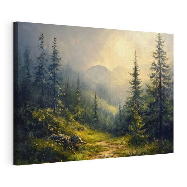 Tableaux Peinture d'une forêt avec des montagnes et des arbres