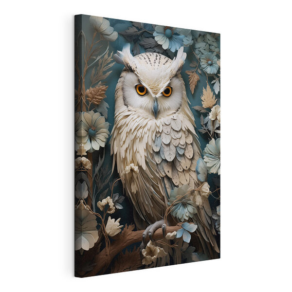 Tableaux Tableaux Hibou blanc aux yeux jaunes sur fond bleu avec des fleurs (UGS : s42283)