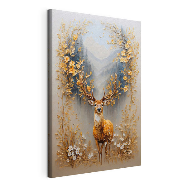Peinture d'un cerf avec des fleurs et des montagnes Tableaux Peinture d'un cerf avec des fleurs et des montagnes