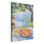 Tableaux Peinture à l'aquarelle d'une pizza et de boissons sur une table