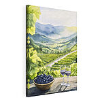 Tableaux Peinture de verres à vin et de raisins sur une table devant un vignoble