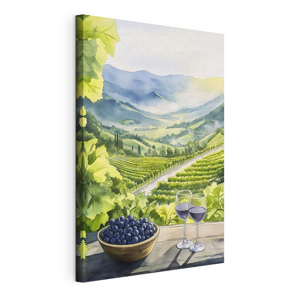 Tableaux Peinture de verres à vin et de raisins sur une table devant un vignoble