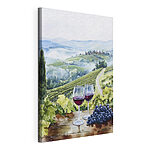 Tableaux Aquarelle de verres à vin sur une table avec des raisins et des collines en arrière-plan