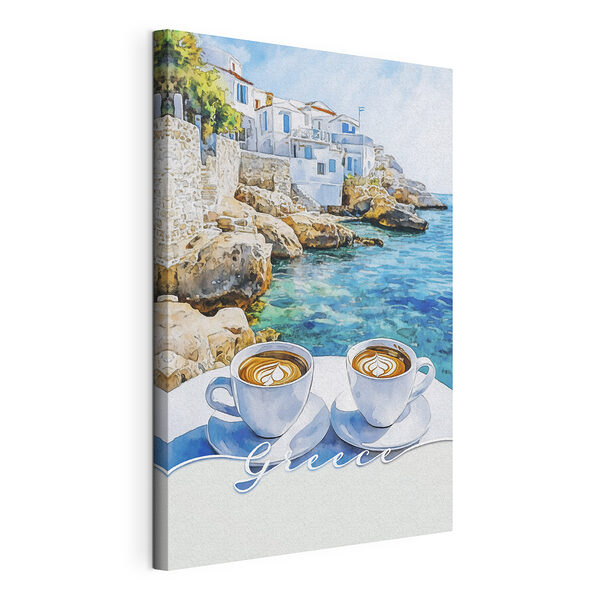Deux tasses de café sur une table au bord de l'eau Tableaux Deux tasses de café sur une table au bord de l'eau