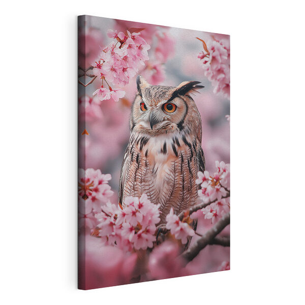 Tableaux Un hibou dans un arbre aux fleurs roses