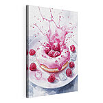 Tableaux Donut avec glaçage rose et framboises éclaboussant une assiette blanche