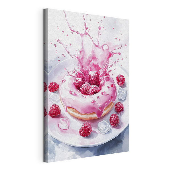 Tableaux Donut avec glaçage rose et framboises éclaboussant une assiette blanche