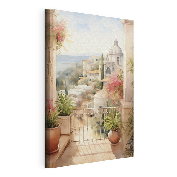 Tableaux Aquarelle d'un balcon avec vue sur une ville