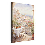 Tableaux Aquarelle représentant une table et des chaises sur un balcon avec vue sur la ville