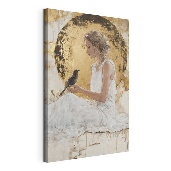 Tableaux Femme en robe blanche tenant un oiseau