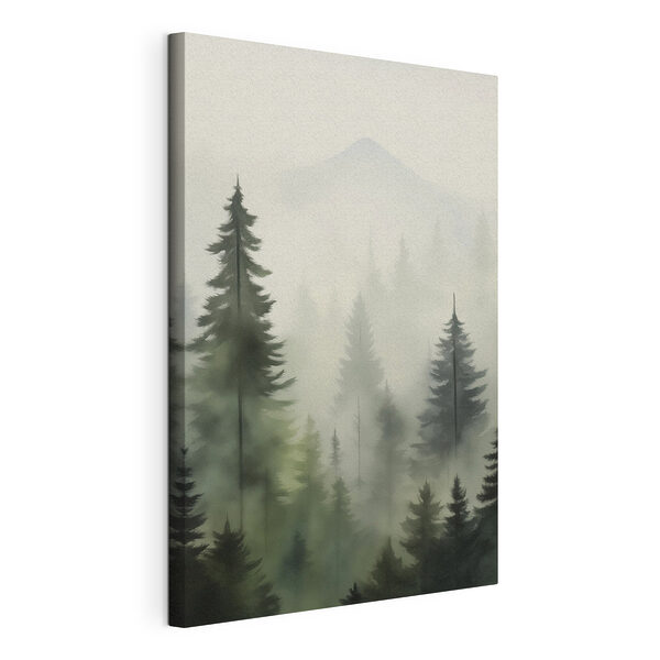 Forêt brumeuse avec des arbres et une montagne en arrière-plan Tableaux Forêt brumeuse avec des arbres et une montagne en arrière-plan
